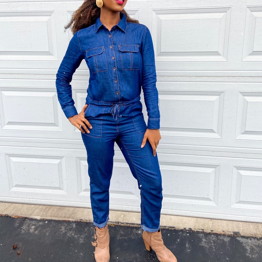 Dark Denim long sleeve jumpsuit - Picture 3 of 5